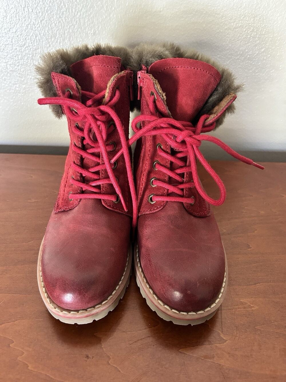Eric Michael Red Leather Faux Fur Combat Boots Women's Size 37 US 6.5-7